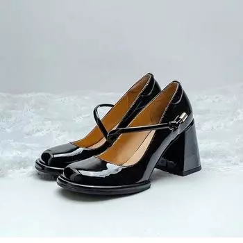 Женские кожаные туфли на высоком каблуке, туфли Мэри в стиле ретро 39 чёрный