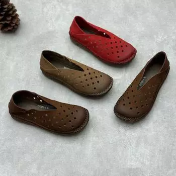 Женские кожаные туфли ручной работы, летние сандалии из мягкой коровьей кожи с круглым носком и отверстиями 35 хаки