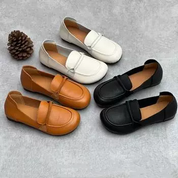 Женские кожаные туфли ручной работы на весну и лето с круглым носком на плоской подошве из мягкой кожи с мягкой подошвой 35 чёрный