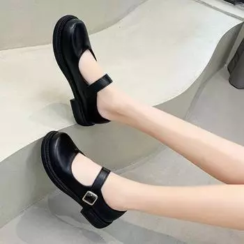 Женские кожаные туфли с круглым носком, туфли Мэри Джейн, черные школьные туфли для девочек, туфли в стиле Лолиты на низком каблуке 35 чёрный