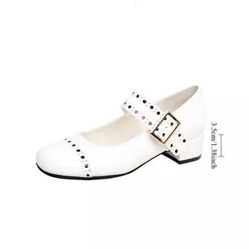 Женские кожаные туфли с металлической пряжкой для ремня, туфли Мэри Джейн на толстом каблуке с неглубокой пряжкой 34 белый