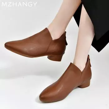 Женские кожаные туфли с острым носком, массивные модные зимние ботильоны, женские ботинки челси 2024 года, новые прогулочные туфли на низком каблуке, женские ботинки 36 чёрный