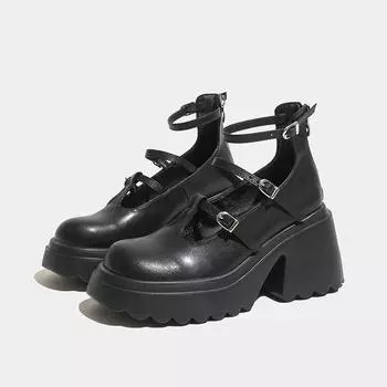 Женские кожаные туфли с толстой подошвой и Т-образным ремешком, весна, новые британские туфли со шнуровкой, универсальные мокасины 34 чёрный