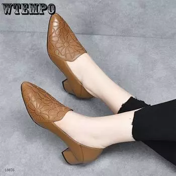 Женские кожаные туфли Single Shoe, весна и осень, удобные, с острым носком, на среднем каблуке с вышивкой 35 чёрный
