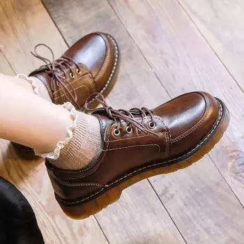 Женские кожаные туфли в британском стиле, коричневые, в стиле ретро, в стиле преппи, в стиле JK, повседневные туфли для студентов, на низком каблуке, на шнуровке 35 чёрный