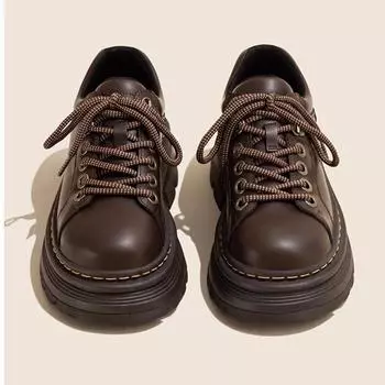 «Женские кожаные туфли в британском стиле на шнуровке с круглым носком и низким каблуком 2024 года» 39 коричневый