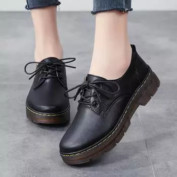 Женские кожаные туфли в британском стиле с круглым носком и толстым каблуком на весну и осень — массивные ботинки Martin с плоской подошвой 35 кларет
