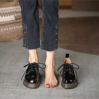 Женские кожаные туфли в британском стиле в стиле ретро, новые, на осень, с небольшой квадратной головкой, толстые туфли дерби, повседневная обувь 35 чёрный