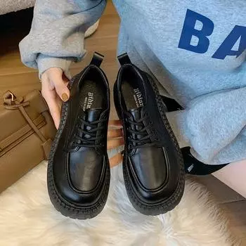 Женские кожаные туфли в британском стиле в стиле ретро, весна-осень, на толстой подошве, новые однотонные туфли черного цвета Jk Lace-up Loafer 35