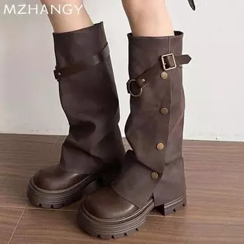 Женские кожаные высокие сапоги на платформе и высоком каблуке, женская обувь 2025 года, трендовая зимняя мода, дизайнерские мотоциклетные сапоги Mujer Botas 35 чёрный