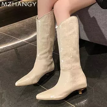 Женские кожаные высокие сапоги на шпильках, дизайнерская мода, элегантные ретро-сапоги, женские, тренд 2024 года, новое зимнее платье, уютные теплые ботинки Mujer 35 чёрный