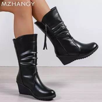 Женские кожаные зимние ботинки на танкетке, туфли на среднем каблуке, женские модные зимние дизайнерские мотоциклетные ботинки 2025 года Mujer Botas 35 чёрный