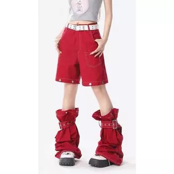 Женские красные джинсовые брюки со съемным поясом на пуговицах, свободные прямые джинсовые брюки y2k, уличная мода, повседневная одежда M красный