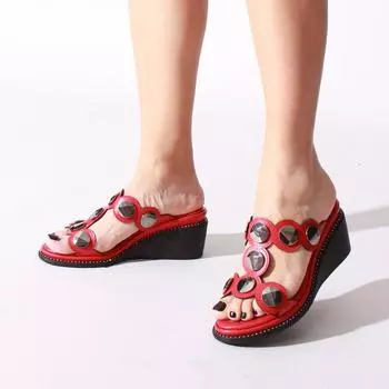 Женские красные кожаные тапочки