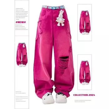 Женские красные мешковатые джинсы-карго, винтажные, рваные, в стиле 90-х, эстетичные, ковбойские брюки в стиле Харадзюку, эмо, 2000-е, дрянная одежда 2024 S розы красного