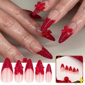 Женские красные носимые ногти Рождественский маникюр Накладные ногти Бант Типсы для ногтей(Клей 2мл) One Size красный