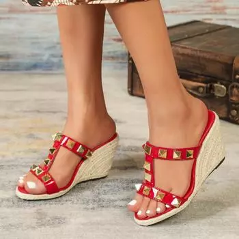 Женские красные сексуальные танцевальные сандалии на танкетке 8,5 см, на высокой водонепроницаемой платформе 1,5 см с заклепками, подошва из пеньковой веревки LFD-11011-D4 34 красный