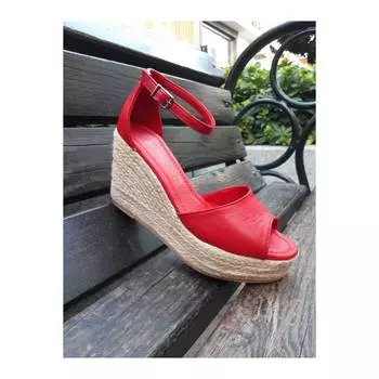 Женские красные соломенные сандалии ручной работы из натуральной кожи на танкетке, повседневные качественные стильные сандалии