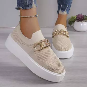 Женские кроссовки 2024 года, новые повседневные мокасины с металлической цепочкой, модные женские кроссовки на плоской подошве, женские дизайнерские кроссовки на платформе больших размеров 36 бежевый