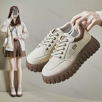 Женские кроссовки 2024 года, осень, новые низкие женские нескользящие студенческие спортивные туфли на толстой подошве со шнуровкой, увеличивающие рост, повседневные туфли на плоской подошве 39 хаки