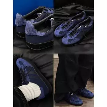 Женские кроссовки 2025 года в стиле ретро из темно-синей кожи: Круглый носок, соответствующий цвет, шнуровка, мягкая подошва 35