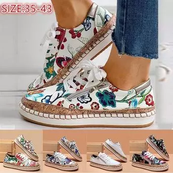 Женские кроссовки, элегантные женские туфли на плоской подошве со шнуровкой и цветочным принтом, модная женская вулканизированная обувь с круглым носком, женская повседневная обувь 43 белый