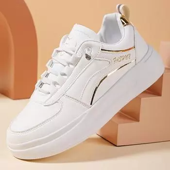 Женские кроссовки Белая обувь Женская спортивная обувь из искусственной кожи Кроссовки для скейтборда на плоской подошве 35 золотой/белый