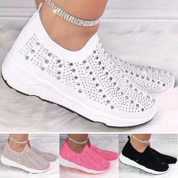 Женские кроссовки без шнуровки со стразами на плоской подошве кроссовки Diamante Sports Knit Sock Shoes 36 чёрный