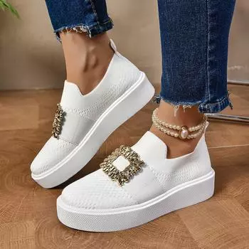Женские кроссовки больших размеров с металлическим декором на плоской подошве для женщин, сетчатые дышащие неглубокие мокасины, осенние нескользящие повседневные кроссовки для женщин 36 белый