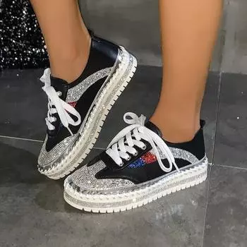 Женские кроссовки больших размеров с толстыми подошвами и кристаллами, повседневная дизайнерская обувь, женские кроссовки со стразами на плоской толстой подошве и шнуровкой для женщин 35 чёрный