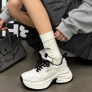 Женские кроссовки Dad, увеличивающие рост — весна 2025 г., нескользящие, износостойкие, натуральная кожа, мягкие и удобные повседневные спортивные туфли 40 белый/чёрный