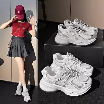 Женские кроссовки Daddy Shoes из дышащей сетки для бега на осень, универсальные белые туфли на платформе для девочек, повседневные кроссовки Daddy Shoes 35 серебряный