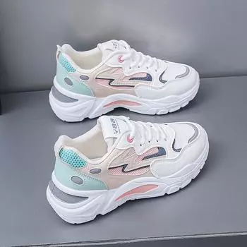 Женские кроссовки для бега 2025 года из модной белой сетки с дышащей отделкой — толстая подошва, нескользящая, мягкая обувь для папы на весну 36 кремовый