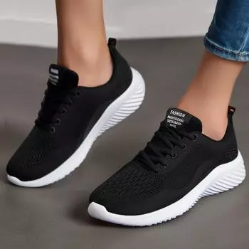 Женские кроссовки для ходьбы, легкие дышащие кроссовки, нескользящие спортивные кроссовки, удобные трикотажные сетчатые кроссовки для тренировок, повседневные спортивные туфли на шнуровке для женщин 36 чёрный