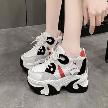 Женские кроссовки для ходьбы, новые осенние туфли на шнуровке, высокие, на платформе, массивные, дышащие, кожаные туфли, каблук-танкетка 10,5 см, повседневная обувь 35