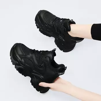 Женские кроссовки для папы из натуральной кожи черного цвета 2024 года, визуально увеличивающие рост: Универсальная повседневная спортивная обувь на толстой подошве для весны и осени 37