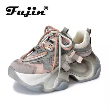 Женские кроссовки Fujin zapatos mujer на массивном каблуке 6,5 см, модные летне-весенние удобные ботинки на плоской подошве, обувь из сетчатой кожи из натуральной свиной кожи 35