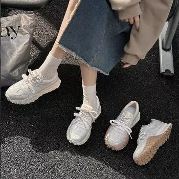 Женские кроссовки из белой кожи в стиле ретро 2025 года: Универсальные, легкие, на толстой подошве в стиле «Форрест Гамп» 36 шампанского