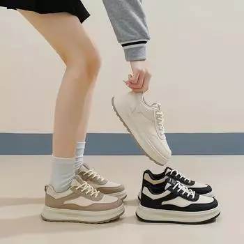 Женские кроссовки из искусственной кожи на платформе, повседневная обувь для ходьбы, удобные дышащие кроссовки для бега для женщин, массивные теннисные туфли на шнуровке 35 чёрный