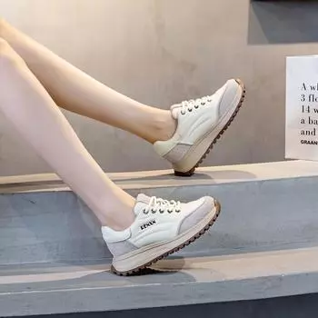 Женские кроссовки из коровьей кожи осень/зима 2024 года — толстая подошва, универсальная повседневная спортивная обувь 36 абрикосовый