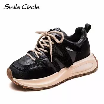 Женские кроссовки из натуральной кожи с низким верхом и толстой подошвой, дышащая, удобная, повседневная обувь 35 чёрный