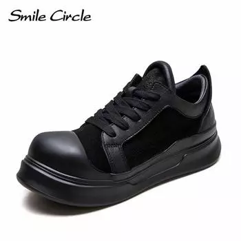 Женские кроссовки из натуральной кожи с круглым носком, на шнуровке, на толстой подошве, модная удобная повседневная обувь 35 чёрный