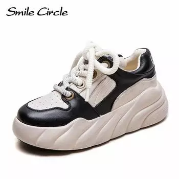 Женские кроссовки из натуральной кожи с круглым носком, на шнуровке, на толстой подошве, модная удобная повседневная обувь 35 чёрный