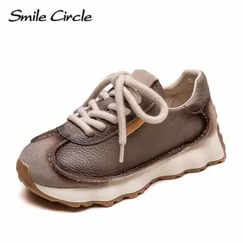 Женские кроссовки из натуральной кожи с круглым носком и шнуровкой, удобная модная повседневная обувь 35 коричневый