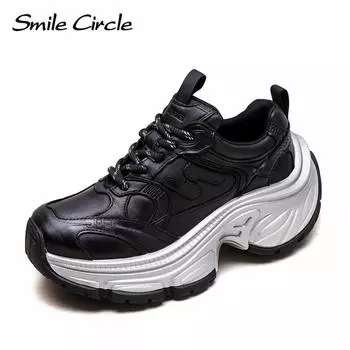 Женские кроссовки из натуральной кожи с круглым носком и толстой подошвой, удобная модная повседневная обувь 35 чёрный