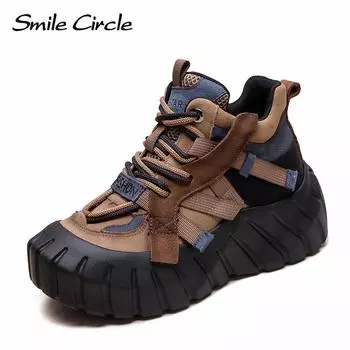 Женские кроссовки из натуральной кожи с круглым носком и толстой подошвой, удобная модная повседневная обувь 35 коричневый