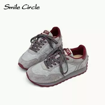 Женские кроссовки из натуральной кожи с круглым носком и шнуровкой, удобная модная повседневная обувь 35 серый