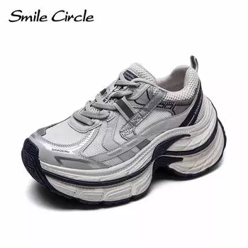 Женские кроссовки из натуральной кожи с круглым носком, увеличивающие рост, модные повседневные туфли на толстой подошве 35 серый