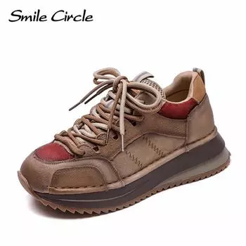 Женские кроссовки из натуральной кожи с круглым носком, увеличивающие рост, модные повседневные туфли на толстой подошве 35 коричневый