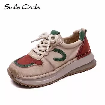 Женские кроссовки из натуральной кожи с круглым носком, увеличивающие рост, модные повседневные туфли на толстой подошве 35 бежевый